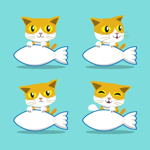 Personaje de dibujos animados gato con gran pez signo conjunto — Archivo Imágenes Vectoriales