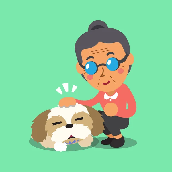 卡通高级女人和她的狗 — 图库矢量图片