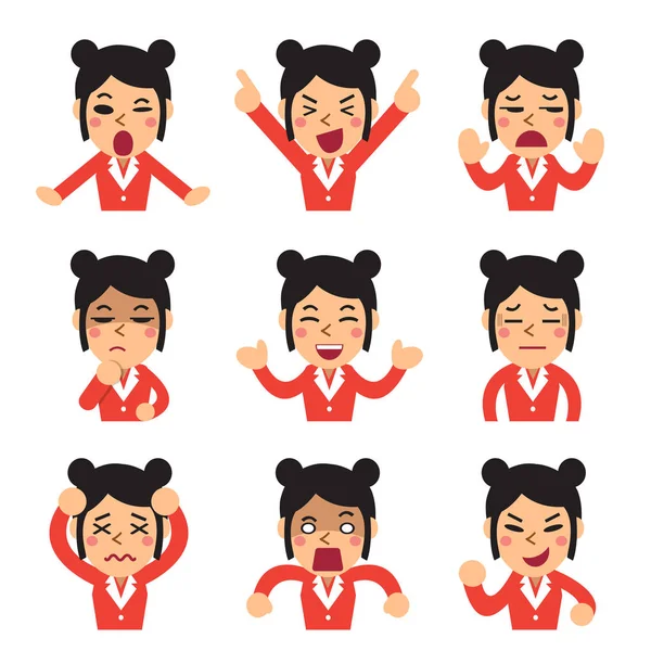 Desenhos animados uma mulher de negócios enfrenta mostrando diferentes emoções conjunto —  Vetores de Stock