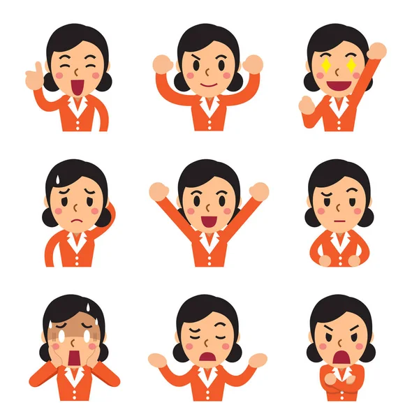 Dibujos animados de mujer de negocios se enfrenta mostrando diferentes emociones — Vector de stock