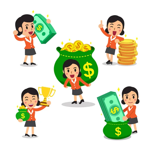 Set cartoon zakenvrouw met geld — Stockvector
