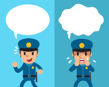 Beyaz konuşma balonları ile farklı duygular ifade karikatür polis