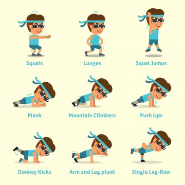 Sağlık ve fitness için egzersizler yapan bir erkek çizgi film seti