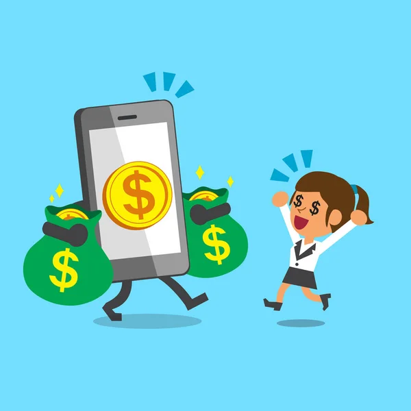 Conceito de negócio smartphone cartoon dando dinheiro para empresária —  Vetores de Stock