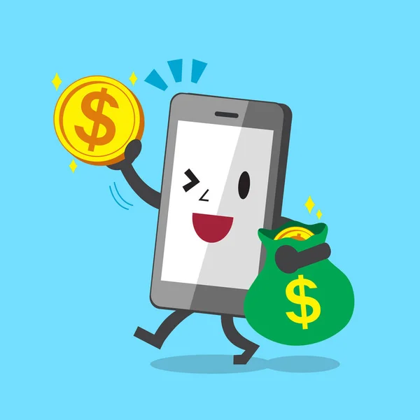 Negócio conceito cartoon smartphone com moedas de dinheiro grande e saco —  Vetores de Stock