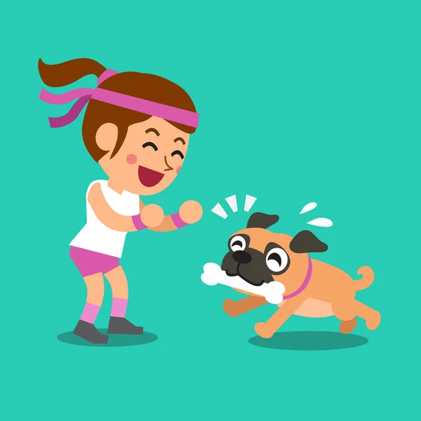 Cartoon woman playing with her pug dog — Stock Vector