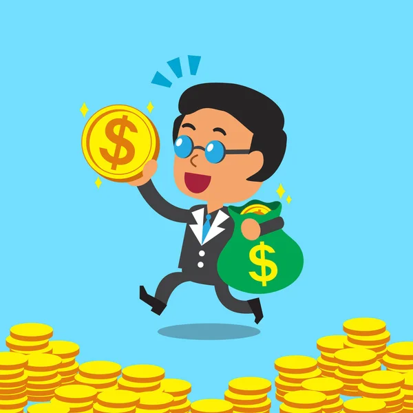 Cartoon business boss carrying money bag and coin — Stock Vector