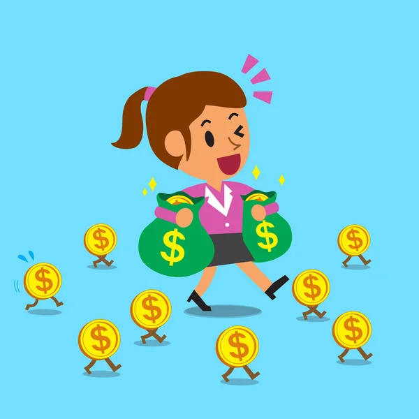 Cartoon-Geschäftsfrau läuft mit Geldmünzen — Stockvektor