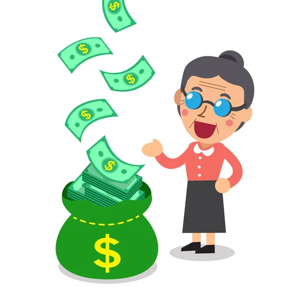 Cartoon senior woman earning money — Stock Vector