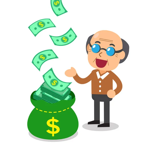 Cartoon senior man earning money — Stock Vector