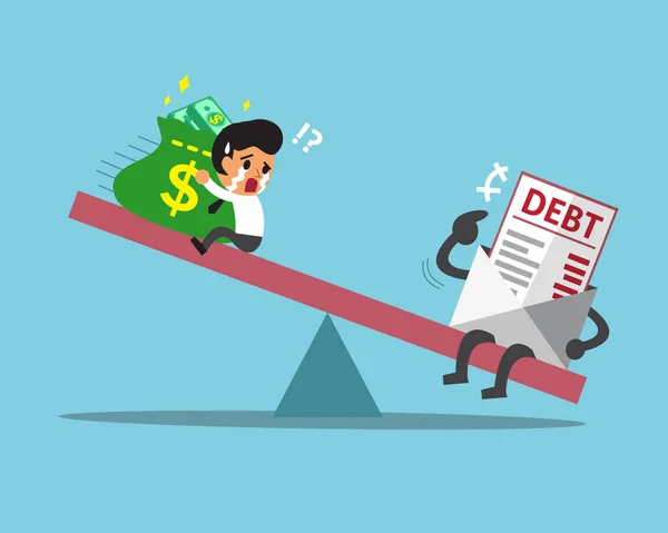 Escala dos desenhos animados entre empresário e dívida —  Vetores de Stock