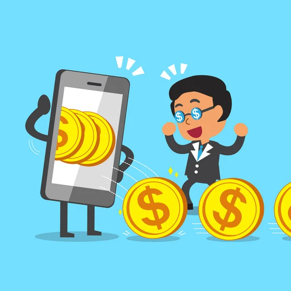 Cartoon businessman earning money with smartphone — Stock Vector