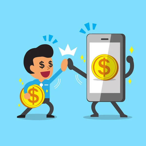 Empresario y smartphone ganando dinero — Vector de stock