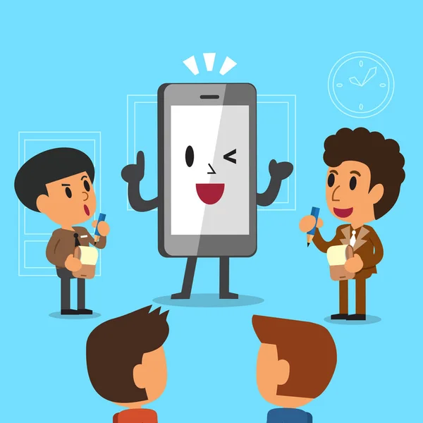 Cartoon un teléfono inteligente que ayuda a la gente de negocios a trabajar — Vector de stock