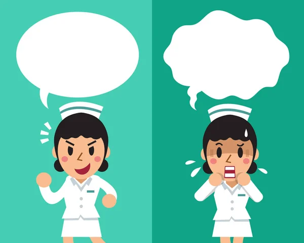 Мультфильм медсестра выражает различные эмоции с мыльными пузырями речи — стоковый вектор