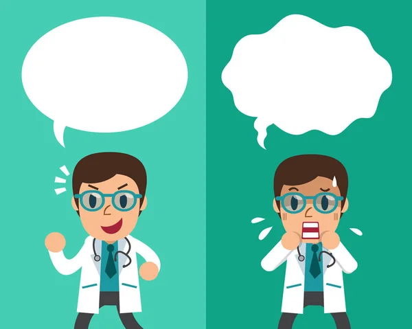 Dibujos animados médico masculino que expresa diferentes emociones con burbujas del habla — Archivo Imágenes Vectoriales
