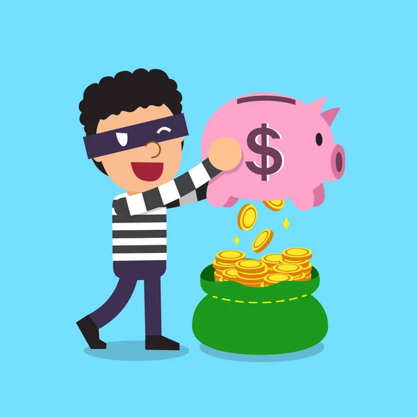 Cartoon dief geld verdienen uit piggy bank — Stockvector