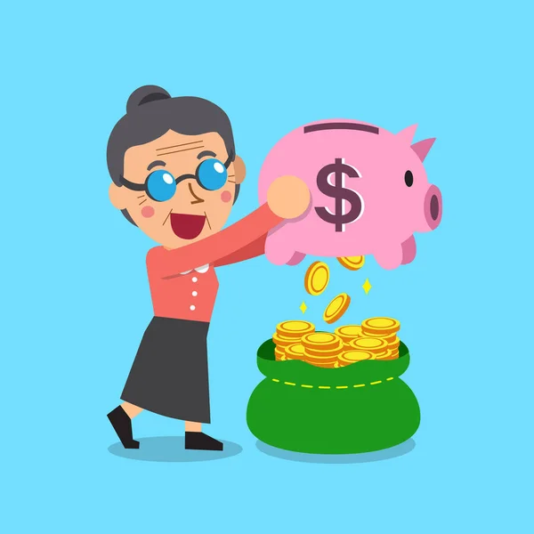 Desenhos animados mulher sênior ganhando dinheiro do banco porquinho — Vetor de Stock