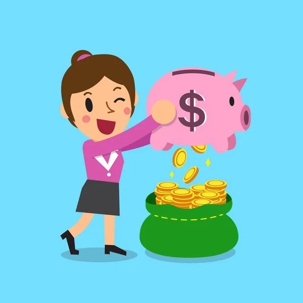 Cartoon-Unternehmerin verdient Geld mit Sparschwein — Stockvektor