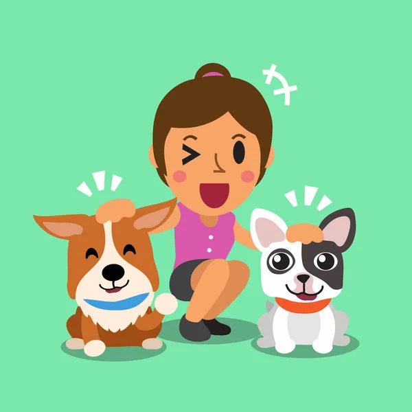Cartoon a woman and her dogs — Stock Vector