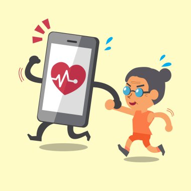 Çizgi film smartphone ile yaşlı kadın koşu