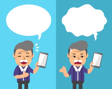 Üst düzey bir adam ile konuşma balonları ile farklı duygular ifade smartphone çizgi film