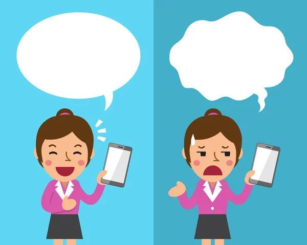 Donna d'affari dei cartoni animati con smartphone che esprime emozioni diverse con bolle vocali — Vettoriale Stock