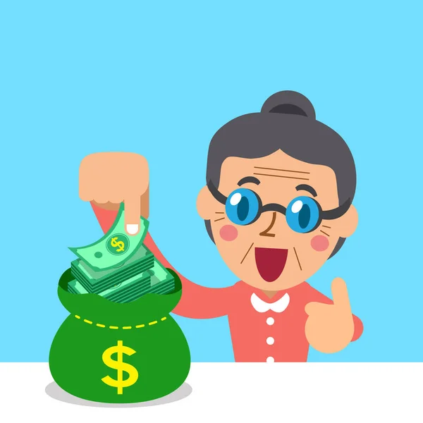 Dessin animé femme âgée avec sac d'argent — Image vectorielle