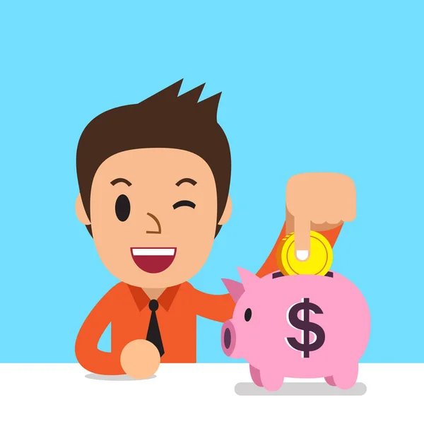 Cartoon zakenman besparingsgeld in piggy bank — Stockvector