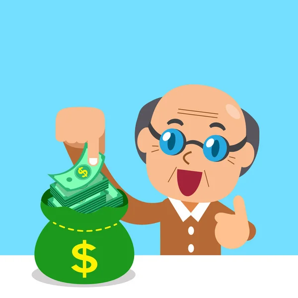 Cartoon senior man met geld tas — Stockvector