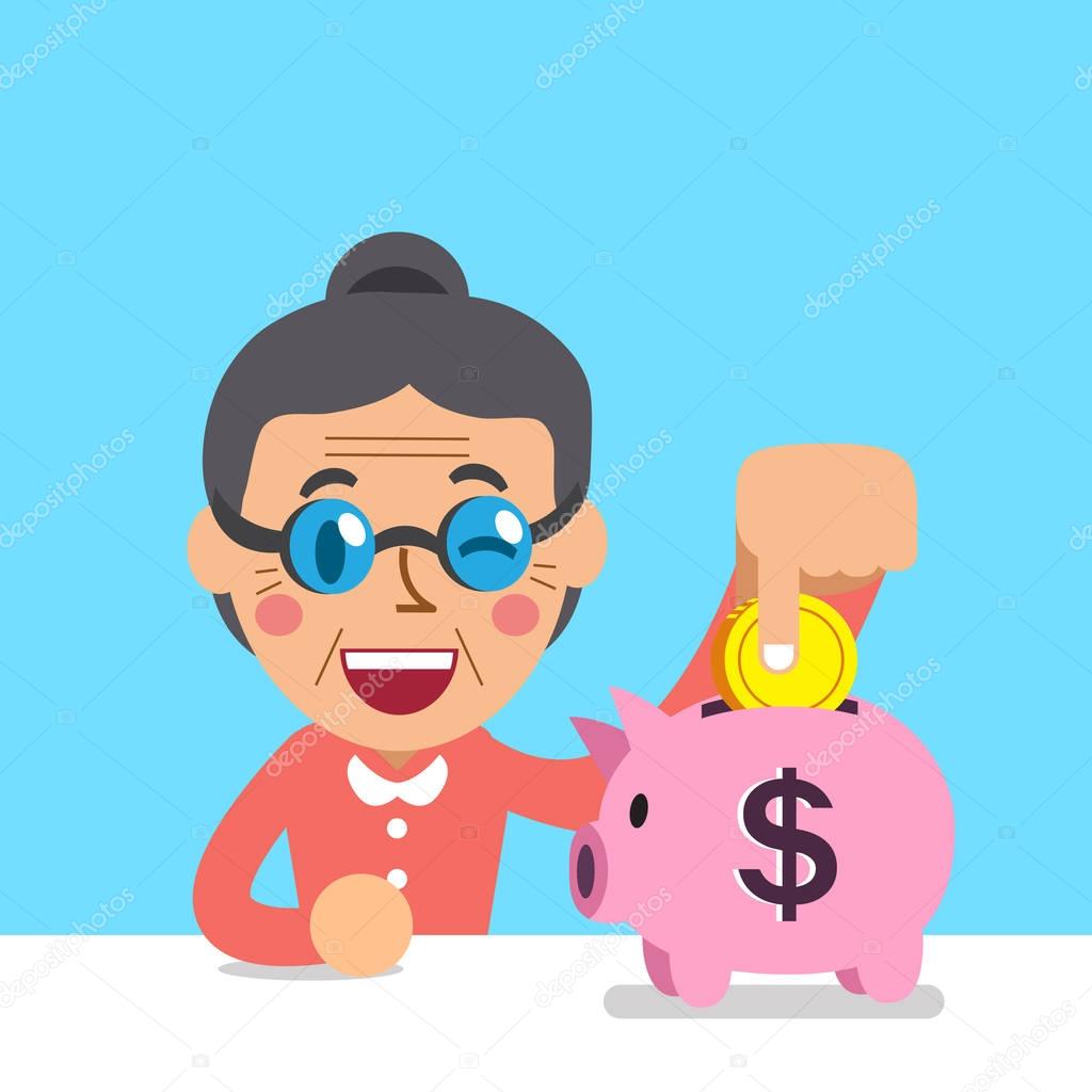 Cartoon senior woman saving money in piggy bank