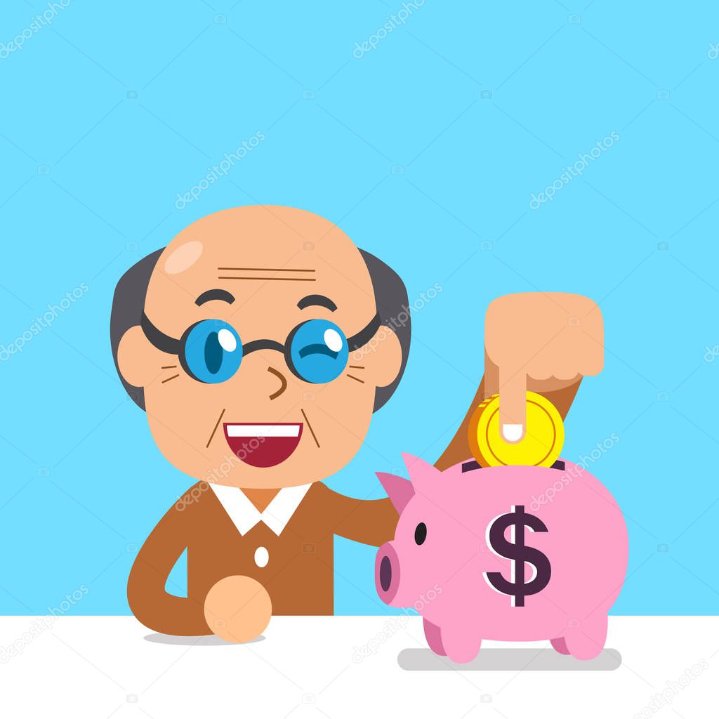 Cartoon senior man saving money in piggy bank