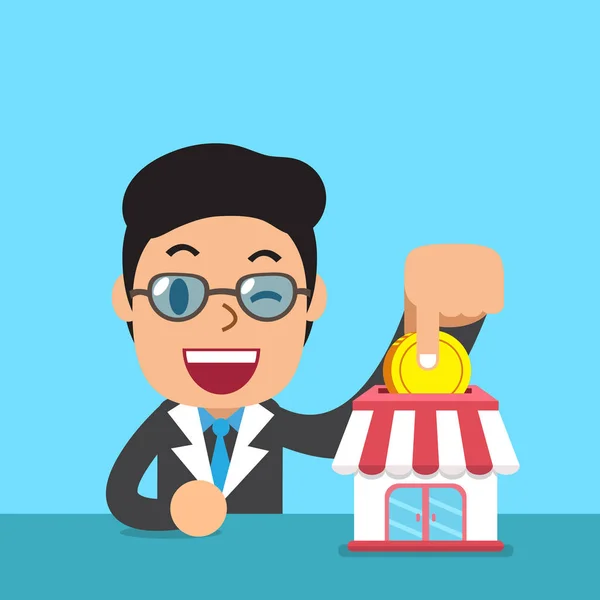 Dibujos animados hombre de negocios poner moneda en la tienda de negocios — Vector de stock