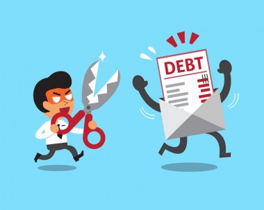 Borç mektubu kesmek için makas tutan karikatür işadamı