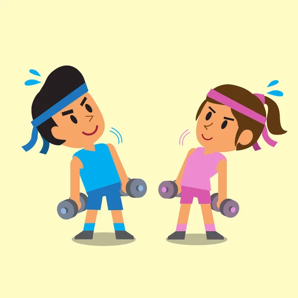 Dibujos animados hombre y mujer haciendo ejercicios de mancuernas — Vector de stock