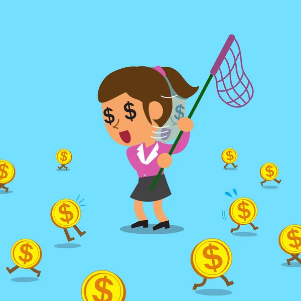Dessin animé femme d'affaires et pièces d'argent — Image vectorielle