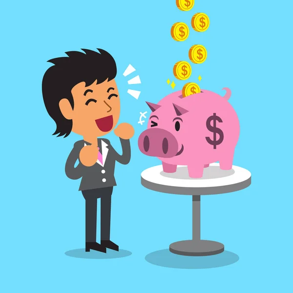 Cartoon business woman earning money with pink piggy — стоковый вектор