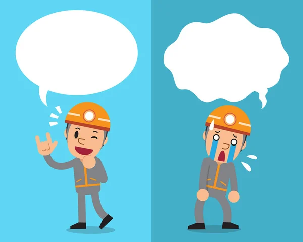 Cartoon technician expressing different emotions with speech bubbles — Stock Vector