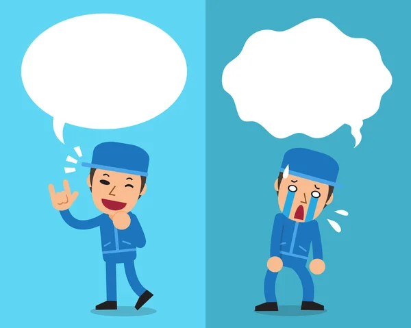 Cartoon a technician expressing different emotions with speech bubbles — Stock Vector