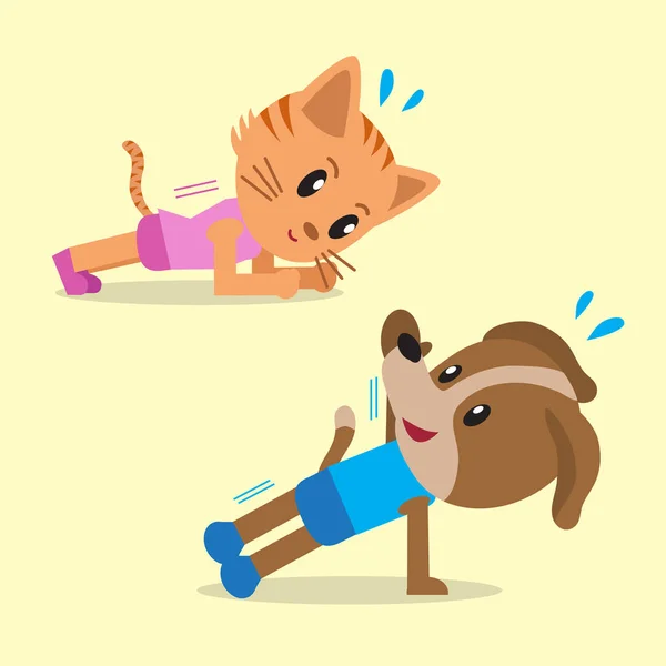 Desenhos animados um gato e um cão fazendo prancha e prancha lateral — Vetor de Stock