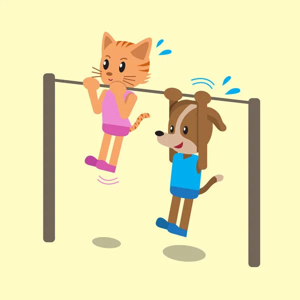 Cartoon cat and dog doing chin ups exercise together — Stock Vector