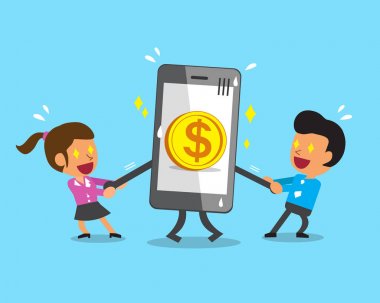 Çizgi film iş takım Smartphone büyük sikke simge ile çekerek