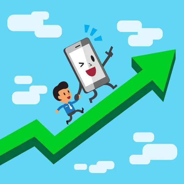 Cartoon character smartphone and businessman running on a green arrow — Stock Vector