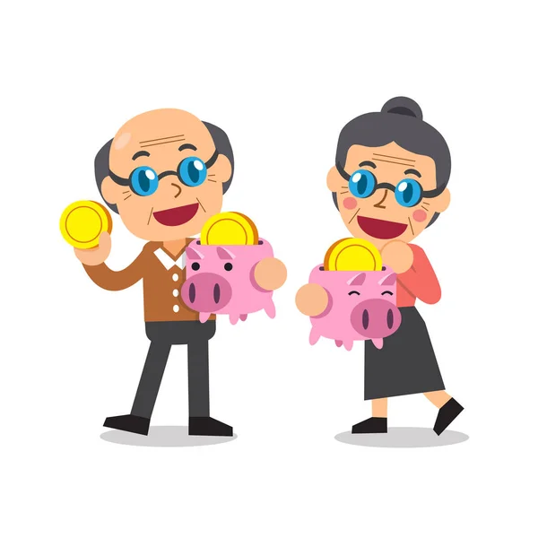 Cartoon senior people saving money in piggy bank — Stock Vector