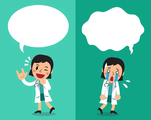 Γελοιογραφία γυναίκα γιατρό εκφράζει διαφορετικά συναισθήματα με συννεφάκια ομιλίας — Διανυσματικό Αρχείο