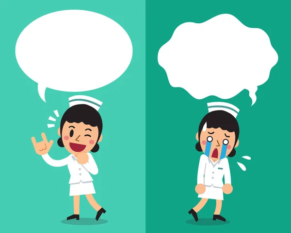 Dibujos animados enfermera mujer expresando diferentes emociones con burbujas del habla — Archivo Imágenes Vectoriales