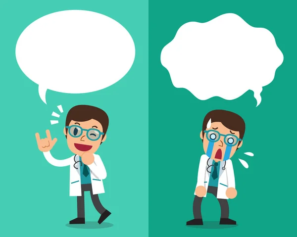 Dibujos animados médico masculino que expresa diferentes emociones con burbujas del habla — Archivo Imágenes Vectoriales