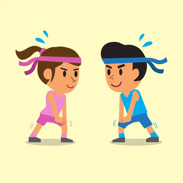 Dibujos animados un hombre y una mujer haciendo ejercicio de estiramiento de pantorrilla — Vector de stock