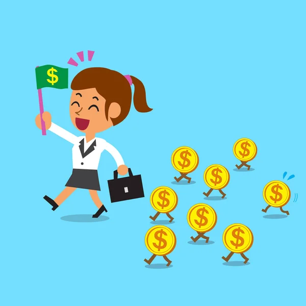 Empresária de desenhos animados conceito de negócio andando com moedas de dinheiro —  Vetores de Stock