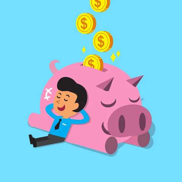 ピンクの貯金箱と眠りに落ちる漫画男 — ストックベクタ